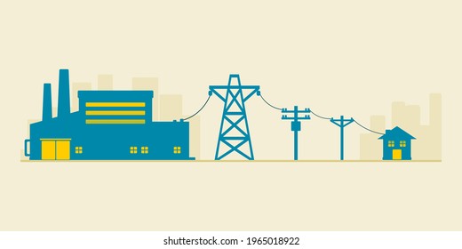 Power plant generates electricity to transmit electricity to electric poles and house icon flat vector.
