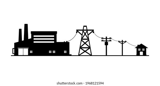 Power plant generates electricity to transmit electricity to electric poles and house icon flat vector.