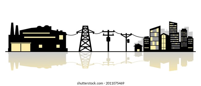 Power plant generates electricity to transmit electricity to electric poles and city house on white background icon flat vector.