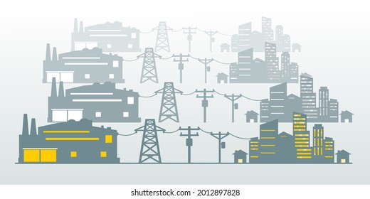 Power plant generates electricity to transmit electricity to electric poles and city house on white background icon flat vector.