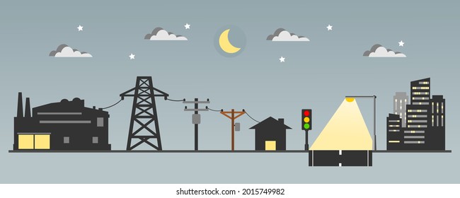 Power plant generates electricity to transmit electricity to electric poles and city house with traffic light and street light lamp lighting on road in night time with moon and stars icon flat vector.