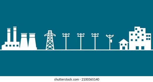 Power plant generates electricity to transmit electricity to power electric poles and house city on blue background icon flat vector design.