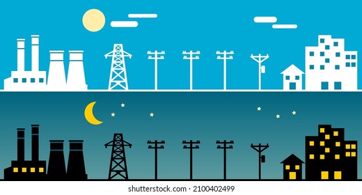 Power plant generates electricity to transmit electricity to power electric poles and house city day and night time icon flat vector design.