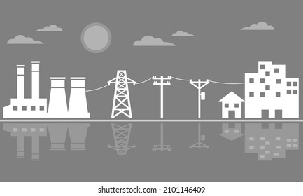 Power plant generates electricity to transmit electricity to power electric poles and house city on grey background icon flat vector design.