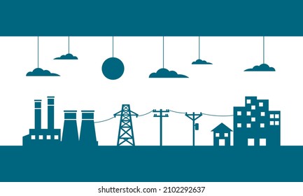 Power plant generates electricity to transmit electricity to power electric poles and house city on blue background paper cut icon flat vector design.