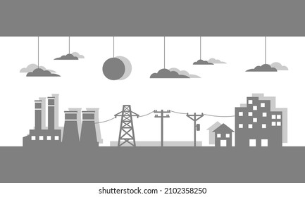 Power plant generates electricity to transmit electricity to power electric poles and house city on grey background paper cut icon flat vector design.