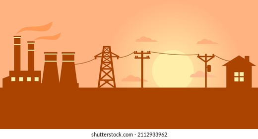 Power plant generates electricity to transmit electricity to electric poles and city home with twilight sun evening sunset silhouette shadow orange background flat vector design.