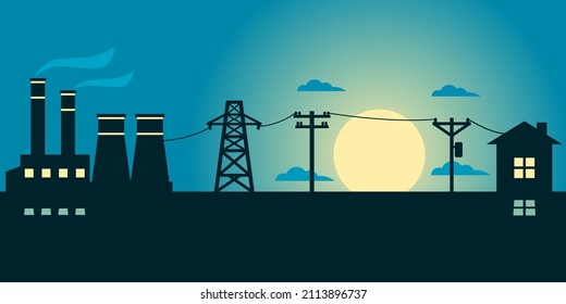 Power plant generates electricity to transmit electricity to electric poles and city home with full moon in night silhouette shadow blue background flat vector design.