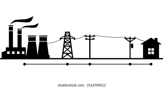 Power plant generates electricity to transmit electricity to electric poles and city home black icon flat vector design.