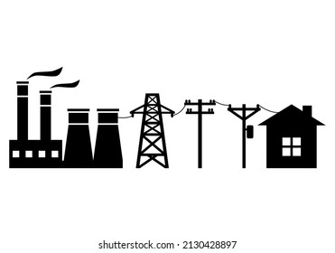 La planta de energía genera electricidad para transmitir electricidad a los postes eléctricos y diseño de vectores planos de iconos negros de la casa de la ciudad.