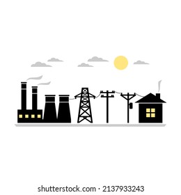 Power plant generates electricity to transmit electricity to electric poles and city home with sun and clouds icon flat vector design.