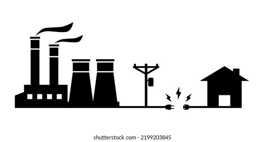 Power plant generates electricity transmit electricity to electric pole and city building home with electric socket outlet plug and spark bolt on white background flat vector icon design.