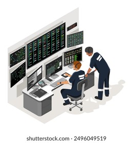 power plant grid management electrical engineer working job on monitors control isometric isolated industrial concept illustration