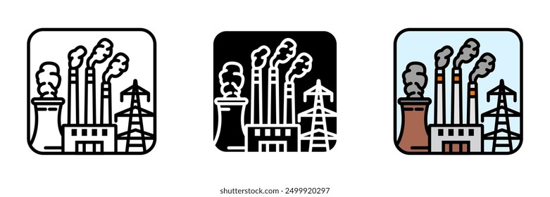 Power Plant Icon, Facility where electricity is generated through various methods, including combustion, nuclear, or renewable energy sources.