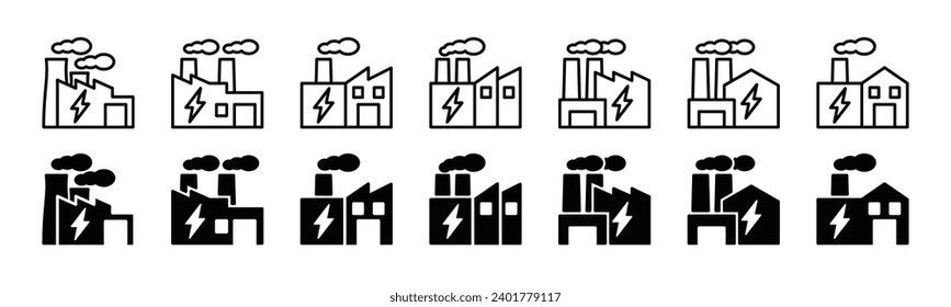 Power plant icon set. Power station industrial factory building line icons. Vector illustration