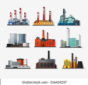 Power plant icons in flat style and long shadow. Nuclear power plant and chemical plant, old factory and modern plant.   Detailed flat style.