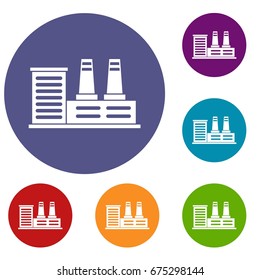 Power plant icons set in flat circle red, blue and green color for web