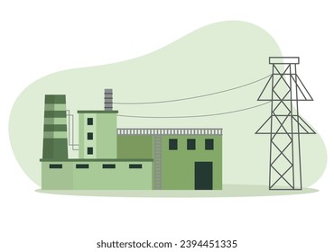 Power Plant Landscape Scene Transformer Column.Factory Industrie produziert Elektrizitätsbau. Firmenwebsite, Infografik zu umweltfreundlichen und erneuerbaren Energien.