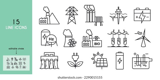 Power plant line icons set.  Electrical wires, electric pole, coal, geothermal, solar, wind, nuclear, hydro, biomass, wave, tidal power plants. Electrolysis. Vector illustration.