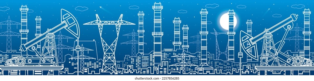 Power plant, petroleum industry. Energy outlines illustration panorama, urban night scene. Pipes and power lines. Factory infrastructure. Vector design art