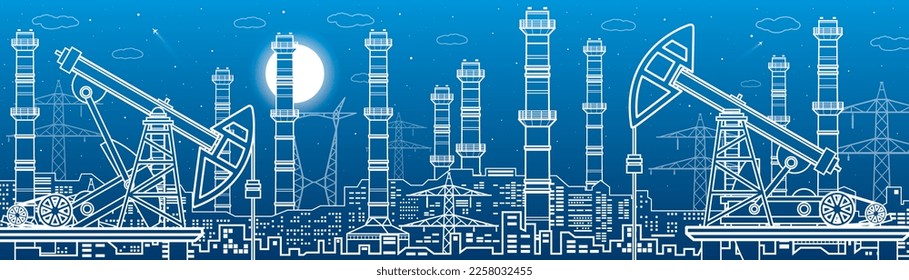 Power plant, petroleum industry. Energy outlines illustratio, urban night scene. Pipes and power lines. Factory infrastructure. Vector design art