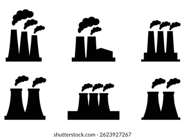 Power plant silhouette, Smoke factory chimney vector, Nuclear power plant icon, air pollution, factory, smoke, vector illustration
