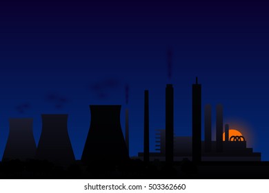Power plant skyline at night. Silhouette illustration of a factory.
