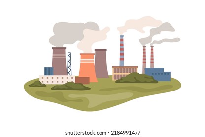 Power plant with smog and smoke from pipes, air pollution concept. Flat cartoon, vector in flat style of industrial nuclear station producing energy and electricity. Factory or manufacturer