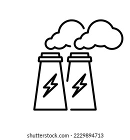 Planta de energía con icono de la línea de humo. Pictograma de la industria de fábrica. Estación de electricidad con icono de contorno de relámpago. Contaminación de la producción industrial. Stroke editable. Ilustración de vectores aislados.