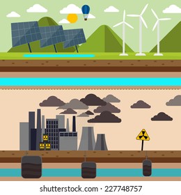 Power plant smokestacks emitting smoke over urban cityscape in cartoon style. Smokestack in factory with black yellow sky and clouds. Renewable energy like hydro, solar, geothermal
