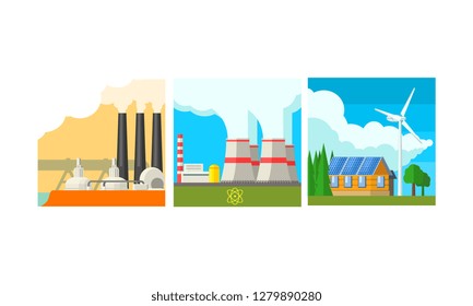 Power plant stations set, clean and polluting energy generation production vector Illustration