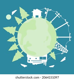 Power plant to transmit electricity electric poles and house or home with tree forest on earth icon flat vector design paper cut. Concept eco clean green energy environmentally friendly.