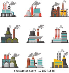 Power Plants Collection, Industrial Factory Buildings with Smoking Chimneys, Environmental Pollution Flat Vector Illustration