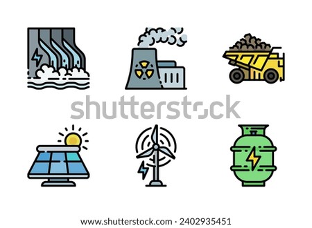 Power Plants icon set vector in colored outline style, it contains hydropower, nuclear reactor, solar panel, wind power, natural gass, and coal mine.
