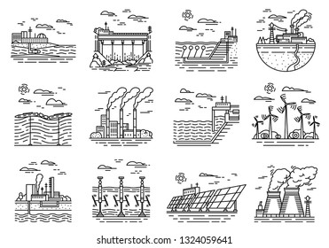 Power plants icons. Set of industrial buildings. Nuclear Factories, Chemical Geothermal, Solar Wind Tidal Wave Hydroelectric, Fossil fuel, Osmotic generating energy. Ecological sources of electricity.