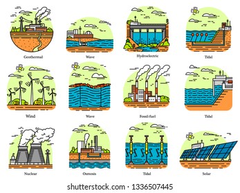 Power plants icons. Set of industrial buildings. Nuclear Factories, Chemical Geothermal, Solar Wind Tidal Wave Hydroelectric, Fossil fuel, Osmotic generating energy. Ecological sources of electricity.