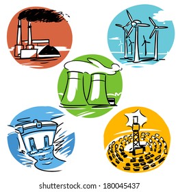 power plants illustration set. Coal plant, Wind turbines, Solar plant, Atomic plant, Dam
