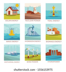 Power plants and natural energy sources, isolated icons vector. Solar battery and nuclear factory, tidal and wave stations, hydrogen and biomass. Geothermal sourcing and windmills, hydropower