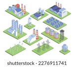 Power plants set. Alternative energy and fuel. Collection of stations for production of electricity. Solar panels and windmills. Cartoon isometric vector illustrations isolated on white background