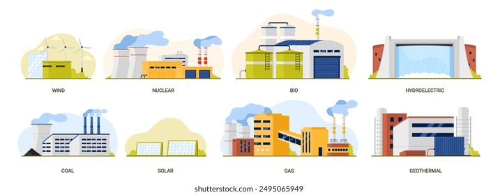 Kraftwerkstypen für die Energieerzeugung eingestellt. Öko-nachhaltiger Wind- und Fotovoltaikkomplex mit Sonnenkollektoren, Wasserkraft- und Geothermiestation, Kernkraft, Biomasseanlagen, Cartoon-Vektorillustration