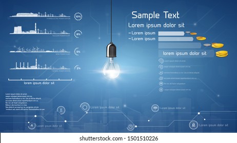 Power plants of various types and luminous bulb, infographic.