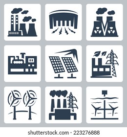 Power plants vector icons set: thermal, hydro, nuclear, diesel, solar, eco, wind, geothermal, tidal