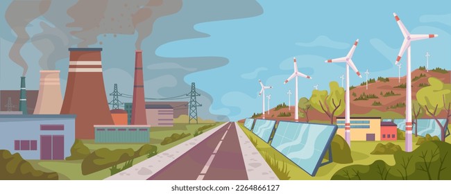 Power plants vs alternative renewable sources of accumulation of energy. Factories with harmful smoke, wind turbines and solar panels. Vector in flat style