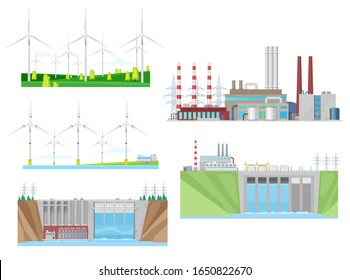 Power plants of wind, water and thermal energy generation vector icons of electricity industry design. Turbines, hydroelectric eco power plant and coal fired station with pipes and transmission towers