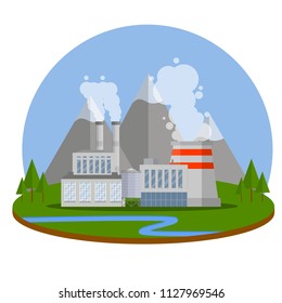 Power plant-urban landscape. Gray pipes with smoke. Factory building. Nature and mountains - problem of industrial ecology. Technical production. Engineer's place of work - Cartoon flat illustration