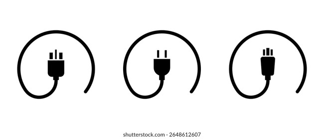 Ícones vetoriais de plugue e conexão de cabo ilustrando diversos padrões elétricos e compatibilidade universal para dispositivos eletrônicos e necessidades de fonte de alimentação.
