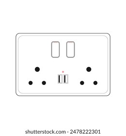 Enchufe de alimentación de doble toma de corriente tipo K con interruptor y puerto usb, Ilustración vectorial de estilo Outline