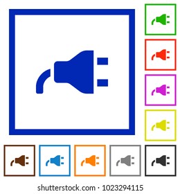 Power plug flat color icons in square frames on white background