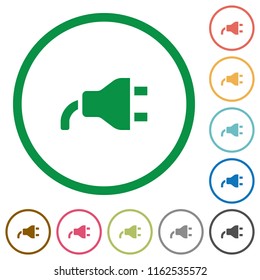 Power plug flat color icons in round outlines on white background