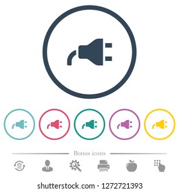Power plug flat color icons in round outlines. 6 bonus icons included.